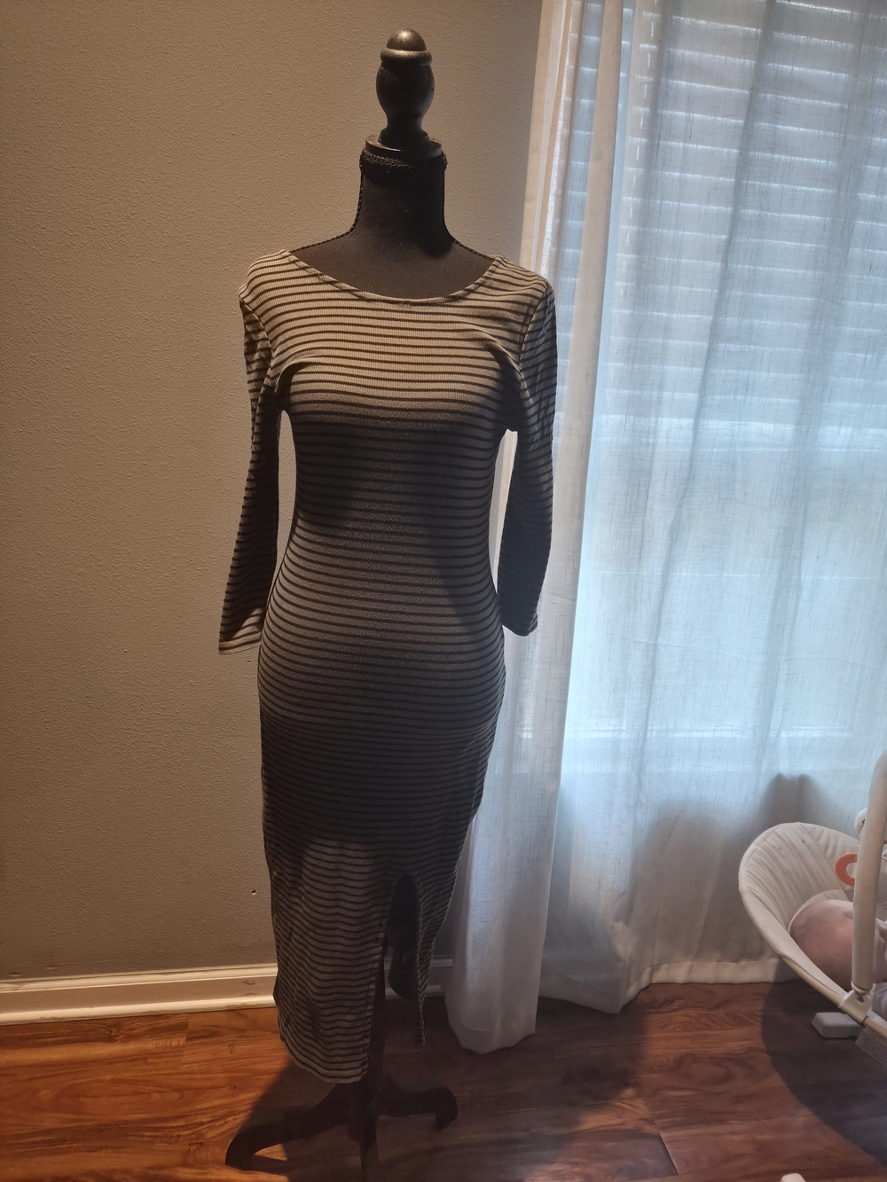 Striped Long Sleeve Midi Dress in Black and Olive